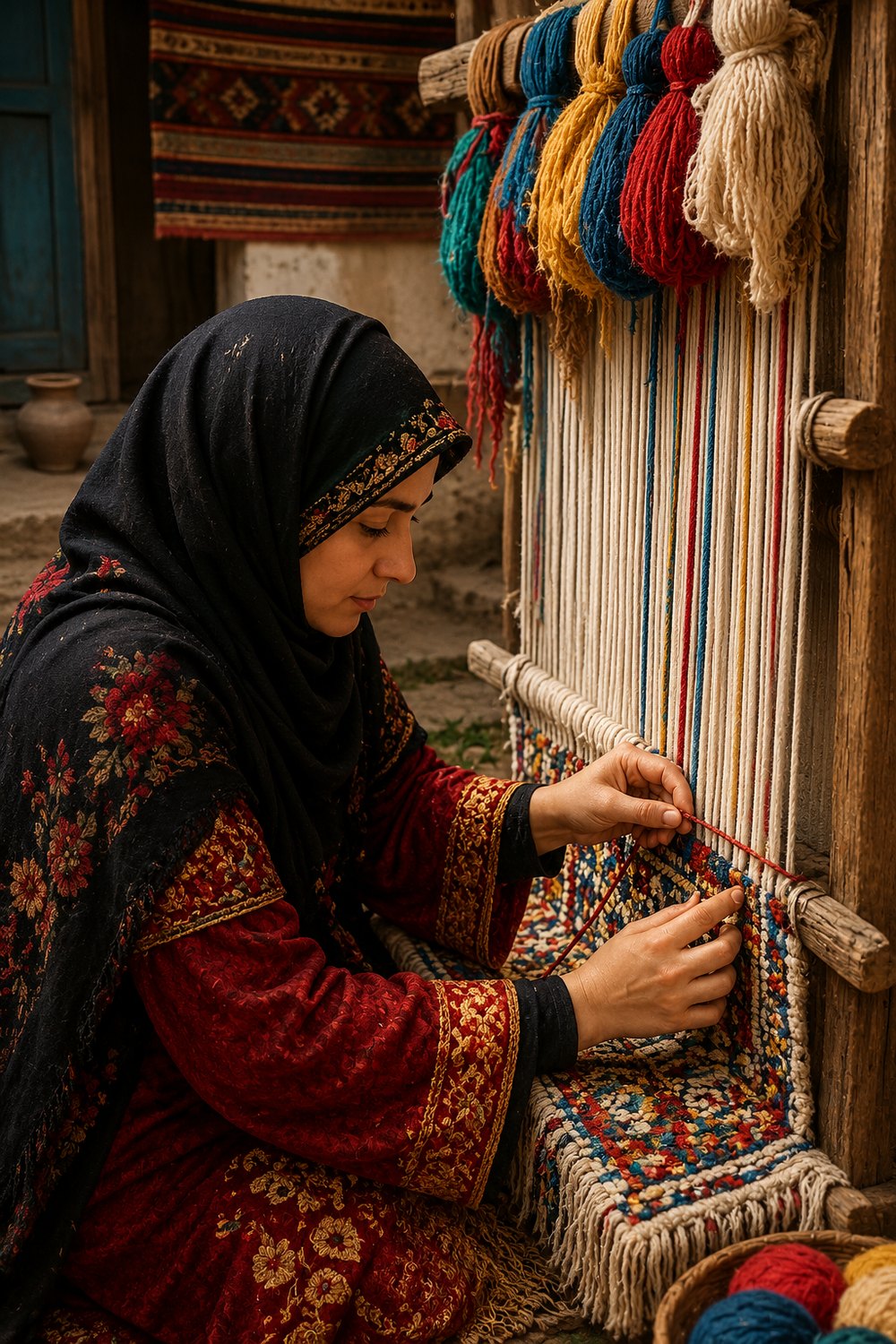 A beneficiary artisan weaving at the loom